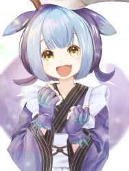  1girl apron blue_hair blue_kimono commentary dragon_girl dragon_horns duel_monster eastern_dragon_horns fingerless_gloves frilled_apron frills gloves hair_between_eyes hand_on_another's_head highres horns japanese_clothes kimono laundry_dragonmaid long_sleeves looking_at_viewer maid_apron open_mouth orange_eyes short_twintails simple_background twintails u_nit_y upper_body white_apron white_background yu-gi-oh! 