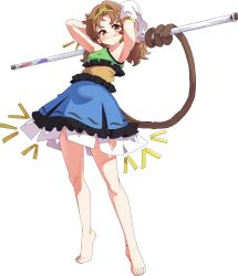  1girl :3 absurdres arms_up baba_(baba_seimaijo) barefoot blue_dress blush brown_hair circlet commentary_request detached_sleeves dress full_body gold_circlet green_dress highres long_hair looking_at_viewer low_twintails monkey_girl monkey_tail multicolored_dress red_eyes ruyi_jingu_bang simple_background single-shoulder_dress single_detached_sleeve smile solo son_biten tail toes touhou twintails white_background yellow_dress 
