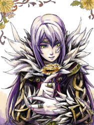 1girl black_coat circlet coat commentary dark_queen_(sonic) english_commentary facial_mark feather-trimmed_coat flower fujishiro_kei gold_choker holding holding_flower jewelry long_hair looking_at_object merlina_(sonic) mixed-language_commentary neck_ring pointy_ears purple_hair ring solo sonic_(series) sonic_and_the_black_knight white_background yellow_eyes 