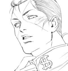  1boy bandaid bandaid_on_cheek bandaid_on_face collar_tug commentary_request constricted_pupils diamond_wa_kudakenai dollar_sign greyscale highres jojo_no_kimyou_na_bouken korean_commentary looking_down male_focus monochrome nijimura_okuyasu parted_lips portrait santamanymany scar scar_on_face sketch solo undercut 