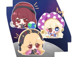  3girls ^^^ american_flag american_flag_dress american_flag_print black_dress black_shirt blonde_hair blue_eyes blue_skirt chain chibi chibi_only clownpiece commentary dalachi_(headdress) dress earth_(ornament) energy english_commentary fairy_wings flag_print hat hecatia_lapislazuli heterochromia highres jester_cap junko_(touhou) long_hair looking_at_viewer mismatched_pupils mixed-language_commentary moon moon_(ornament) multicolored_skirt multiple_girls neck_ruff no_noru off-shoulder_shirt off_shoulder open_mouth polka_dot polka_dot_headwear purple_hat red_eyes red_hair red_skirt red_tabard shirt skirt smile space star-shaped_pupils star_(sky) star_(symbol) star_print striped_clothes striped_dress symbol-shaped_pupils t-shirt tabard touhou underworld_(ornament) wide_sleeves wings 