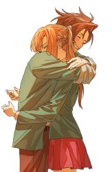  1boy 1girl ^_^ aqua_jacket belt black_belt blunt_bangs blush bracelet brown_hair brown_pants chidouin_sara closed_eyes collared_shirt crying curled_fingers grin hair_ornament hairclip hand_on_another's_shoulder happy hashtag-only_commentary head_on_another's_shoulder highres hug jacket jewelry kimi_ga_shine long_hair long_sleeves miniskirt nape_braid open_clothes open_jacket orange_hair pants parted_bangs pink_skirt pleated_skirt ponytail rinrinririn187 sad school_uniform shirt short_hair side_part simple_background single_sidelock skirt sleeves_rolled_up smile sonobeno_high_school_uniform tazuna_joe u_u white_background white_shirt 