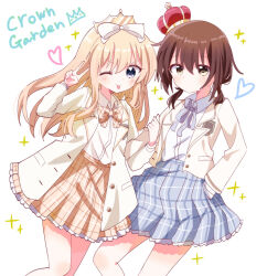  2girls ;p absurdres alternate_costume blonde_hair blue_ribbon blue_skirt bow bowtie collared_shirt cowboy_shot cropped_jacket crown english_commentary funami_yui hair_bow hand_in_pocket hand_up heart high-waist_skirt highres holding_another's_arm jacket knees lapels long_hair long_sleeves looking_at_viewer low_twintails medium_hair mei-chan_(meiyuri0405) mini_crown multiple_girls neck_ribbon notched_lapels one_eye_closed open_clothes open_jacket plaid_clothes plaid_skirt pleated_skirt print_bow print_bowtie ribbon shirt simple_background skirt standing standing_on_one_leg star_(symbol) tongue tongue_out toshinou_kyouko twintails v v-shaped_eyebrows white_background white_bow white_jacket white_shirt yellow_bow yellow_bowtie yellow_eyes yellow_skirt yuruyuri 