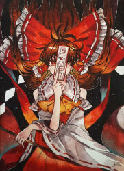  1girl ascot between_fingers bow brown_hair commentary dated detached_sleeves english_commentary frilled_bow frilled_hair_tubes frills gohei hair_bow hair_tubes hakurei_reimu highres holding holding_gohei holding_ofuda lliyanp long_hair ofuda ofuda_between_fingers red_bow red_eyes red_skirt ribbon-trimmed_sleeves ribbon_trim signature skirt skirt_set solo touhou yellow_ascot 