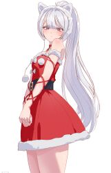 1girl animal_ears arm_ribbon bare_shoulders belt black_belt blush bow breasts buckle choker christmas closed_mouth commentary cowboy_shot dress earmuffs fake_animal_ears frown fur-trimmed_dress fur_trim high_ponytail highres korean_commentary long_hair looking_at_viewer mixed-language_commentary ohaaang own_hands_together pink_eyes pom_pom_(clothes) ponytail red_choker red_dress red_ribbon ribbon santa_costume santa_dress short_dress signature simple_background sirian_rain sleeveless sleeveless_dress solo standing strapless strapless_dress very_long_hair violet_eyes virtual_youtuber waktaverse white_background white_bow white_hair 