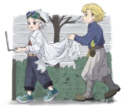  2boys :d aged_down bare_tree belt black_eyes blonde_hair blue_shirt boots brown_belt bush cigarette coat collared_shirt computer dr._stone from_side full_body goggles goggles_on_head grey_hair grey_pants highres holding holster kani_diggy lab_coat laptop long_sleeves male_focus mouth_hold multiple_boys open_mouth outdoors pants profile red_shirt shirt shoes short_hair sleeves_rolled_up smile smoking sneakers standing stanley_snyder_(dr.stone) sweatdrop tree twitter_username utility_belt walking white_hair xeno_(dr.stone) yellow_belt yellow_eyes 