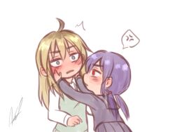 2girls ^^^ ahoge anger_vein aosora_(mizore) black_serafuku black_shirt black_skirt blonde_hair blue_eyes blush closed_mouth collared_shirt commentary_request empty_eyes from_behind green_sweater_vest hair_between_eyes hands_on_another's_face hands_up hayano_yuuki long_hair long_sleeves looking_ahead looking_at_another low_twintails multiple_girls open_mouth original pleated_skirt purple_hair red_eyes school_uniform serafuku shirt sidelocks signature simple_background skirt speech_bubble spoken_anger_vein sweater_vest twintails upper_body v-shaped_eyebrows white_background white_shirt wide-eyed yazaki_shiori yuri 