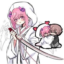  1boy 1girl :d ;d ^_^ anneliese black_kimono blush brown_hair chibi chibi_inset closed_eyes commentary_request couple demon_girl demon_horns full_body grey_eyes hair_between_eyes hands_up happy heart heart-shaped_pupils hetero holding holding_sword holding_weapon hood hood_up horns hug japanese_clothes kimagure_temptation kimono long_sleeves looking_at_viewer one_eye_closed open_mouth pink_hair rialickpero shiromuku short_hair sidelocks simple_background smile sword symbol-shaped_pupils tatsumi_haruhisa uchikake violet_eyes weapon wedding white_background white_kimono wide_sleeves 