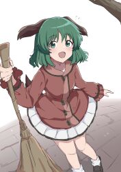  1girl absurdres animal_ears black_shoes black_trim branch broom commentary dog_ears dog_tail flower_button frilled_sleeves frills from_above green_eyes green_hair green_trim highres holding holding_broom kasodani_kyouko light_blush long_sleeves looking_at_viewer medium_hair notice_lines open_mouth parted_bangs pink_shirt pleated_skirt shirt shoes short_hair skirt smile socks solo standing stone_floor tail touhou white_skirt white_socks zener_zapping 