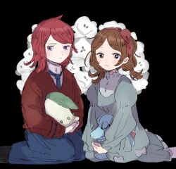  1boy 1girl alternate_costume blue_necktie bow bow_hairband bright_pupils brown_eyes brown_hair brown_sweater chikorita closed_mouth cowlick dress eneko_(olavcnkrpucl16a) eyelashes green_dress grey_eyes hairband highres kneeling long_sleeves lyra_(pokemon) medium_hair necktie pants pokemon pokemon_(creature) pokemon_hgss red_hair red_hairband silver_(pokemon) sweater totodile white_pupils 