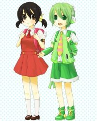  1boy 1girl artist_request backpack bag black_hair brown_eyes child green_eyes green_hair kaai_yuki necktie polka_dot polka_dot_background rabbit ryuuto_(vocaloid) short_twintails third-party_source twintails vocaloid 