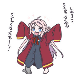  1girl aged_down ahoge arms_up black_shirt blue_eyes blush_stickers cardigan child collared_shirt commentary_request dress_shirt grey_socks hair_rings long_hair looking_at_viewer love_live! love_live!_nijigasaki_high_school_idol_club neck_ribbon nijigasaki_school_uniform oversized_clothes oversized_shirt pink_hair red_cardigan red_ribbon ribbon school_uniform shinanoya_(satanicad) shirt single_bare_foot single_sock sleeves_past_fingers sleeves_past_wrists sock_pull socks solo sparkle translation_request two_side_up very_long_hair winter_uniform zhong_lanzhu 