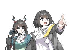  2girls aqua_jacket arknights arknights:_endfield artist_name asiri_senpai black_eyes black_gloves black_hair black_jacket breasts chen_qianyu_(arknights) commentary dragon_horns eastern_dragon_horns endministrator_(arknights) english_commentary female_endministrator_(arknights) gloves hair_ornament highres horns jacket medium_breasts multiple_girls no_mask open_mouth pointing pointing_forward removing_eyewear simple_background sunglasses sweater twitter_username upper_body white_background white_sweater 