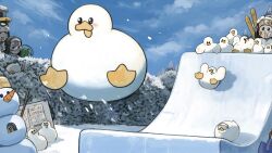  3girls :d :o bird blonde_hair blue_eyes brown_eyes brown_hair bush carrot chicken clumsy_nun_(diva) diva_(hyxpk) duck english_commentary freckles froggy_nun_(diva) goggles grey_hair highres little_nuns_(diva) multiple_girls note nun sheep_nun_(diva) ski_jumping skis smile snow snowman traditional_nun 