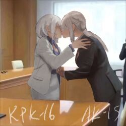  ak-15_(erwin)_(girls'_frontline) ak-15_(girls'_frontline) black_suit girls_frontline highres kiss official_alternate_costume rpk-16_(girls'_frontline) rpk-16_(renate)_(girls'_frontline) suit white_suit wo_lai_diaoguo_yu yuri 