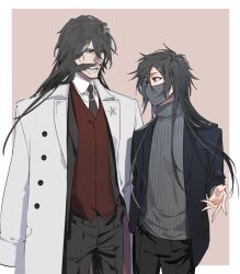  2boys black_hair black_jacket bleach bleach:_sennen_kessen-hen coat coat_on_shoulders commentary_request enpissi facial_hair grey_sweater hand_in_pocket height_difference jacket kurosaki_ichigo long_hair male_focus mask mouth_mask multiple_boys mustache red_eyes red_vest saigo_no_getsuga_tenshou smile sweater turtleneck turtleneck_sweater vest yhwach 