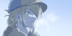  1boy blonde_hair blue_sky brown_eyes closed_mouth commentary_request dot_att hair_bun hair_over_one_eye hat highres korean_commentary male_focus newsboy_cap one_eye_closed parted_hair pokemon pokemon_legends:_arceus sky solo volo_(pokemon) 