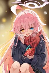 1girl adjusting_scarf ahoge azurebird black_coat black_skirt blue_archive blue_eyes blue_necktie blurry blurry_background bokeh coat commentary_request cropped_legs crossed_bangs depth_of_field earmuffs fang gift gift_bag hair_between_eyes halo heterochromia highres holding holding_gift hoshino_(blue_archive) long_hair looking_at_viewer necktie open_mouth orange_eyes pink_hair pink_halo plaid_clothes plaid_scarf plaid_skirt red_scarf scarf skirt smile solo squatting 