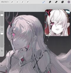  1girl art_program_in_frame braid colored_skin commentary_request cracked_skin demeter_(fate) demeter_erinyes_(fate) fate/grand_order fate_(series) game_screenshot_inset glowing glowing_eyes hair_over_one_eye highres horns long_hair looking_at_viewer overlighting parted_lips pink_eyes reference_inset screenshot_inset single_horn sleeveless solo unfinished upper_body white_hair white_skin yu_4444fg 