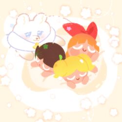  3girls animal black_hair blonde_hair blossom_cookie blue_eyes bow bubbles_cookie buttercup_cookie closed_eyes cookie_run cookie_run:_ovenbreak cream_ferret_cookie cream_ferret_cookie_(ferret) ferret hair_bow highres multiple_girls orange_hair powerpuff_girls short_hair short_twintails twintails yummybunny777 