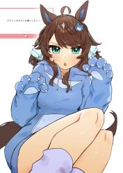  1girl ahoge animal_ears animal_hands bear_hair_ornament blue_eyes blue_hoodie blush breasts claws commentary_request daring_tact_(umamusume) gloves hair_between_eyes hair_ornament highres hood hood_down hoodie horse_ears horse_girl horse_tail long_hair long_sleeves looking_at_viewer loose_socks marshmallow_(site) parted_lips paw_gloves simple_background socks solo tail tetra_(ktet4_illu) umamusume 