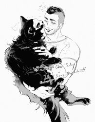  1boy animal animalization call_of_duty call_of_duty:_modern_warfare_2 cat chanyuqianxin character_name closed_eyes commentary_request crew_neck cropped_torso english_text facial_hair ghost_(modern_warfare_2) grin highres holding holding_animal holding_cat licking licking_another's_face male_focus mohawk shirt short_hair short_sleeves simple_background smile soap_(modern_warfare_2) white_background 