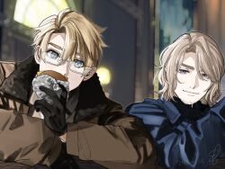  2boys america_(hetalia) axis_powers_hetalia blonde_hair blue_eyes blush burger commentary_request eating facial_hair food france_(hetalia) fur-trimmed_jacket fur_trim glasses gloves goatee_stubble holding holding_burger holding_food jacket long_sleeves looking_at_viewer male_focus medium_hair momoka_(abc_momoka0718) multiple_boys short_hair smile stubble upper_body violet_eyes 