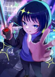  1girl black_jacket black_pants blue_eyes blue_hair blue_shirt bright_pupils colored_inner_hair fingernails green_eyes green_hair grin hair_between_eyes hashtag-only_commentary highres holding jacket medium_hair multicolored_eyes multicolored_hair neko_reset_(zutomayo) neko_resetter open_clothes open_jacket pants shirt smile solo standing turtleneck turtleneck_shirt two-tone_eyes white_pupils yuyuyuten zutto_mayonaka_de_ii_no_ni 