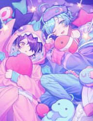  2boys :o ;d ahoge animal_hood aqua_hair at_home_(ensemble_stars!) blonde_streaks blue_pants blush coat commentary_request cosplay crescent ensemble_stars! gingham_clothes gingham_shirt green_eyes hair_over_one_eye highres holding holding_stuffed_toy hood hood_up kigurumi kurokkan long_sleeves looking_at_viewer lying male_focus mask mask_on_head multicolored_hair multiple_boys off_shoulder official_alternate_costume on_back on_side one_eye_closed one_eye_covered onesie open_clothes open_coat open_mouth pajamas pants parted_bangs pillow purple_coat purple_hair purple_shirt sengoku_shinobu shinkai_kanata shirt short_hair sleep_mask sleeves_past_wrists smile star-shaped_pillow star_(symbol) streaked_hair stuffed_animal stuffed_fish stuffed_seal stuffed_strawberry stuffed_toy white_shirt yellow_eyes 