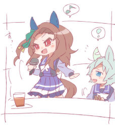  ! 2girls :d animal_ears beer_hsk blue_eyes bow brown_hair commentary_request cup drink drinking_glass eighth_note green_bow grey_hair hair_bow holding holding_instrument holding_microphone horse_ears horse_girl horse_tail instrument king_halo_(umamusume) long_hair long_sleeves microphone multiple_girls musical_note one_side_up pleated_skirt profile puffy_long_sleeves puffy_sleeves purple_shirt purple_skirt red_eyes school_uniform seiun_sky_(umamusume) shirt skirt smile spoken_exclamation_mark spoken_musical_note tail tambourine tracen_school_uniform umamusume v-shaped_eyebrows white_background white_bow 