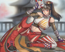  1girl black_hair fingerless_gloves fox_mask gloves holding holding_mask kitsune_marks kunimitsu_ii lavender_eyes mask namco ninja outside pagoda ponytail solo tekken tekken_8 watamelon 