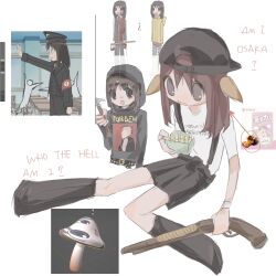  1girl :d ? ammunition anime_screenshot_inset arrow_(symbol) art_program_in_frame artist_self-reference azumanga_daioh backwards_hat bare_arms baseball_cap belt black_belt black_eyes black_hat black_hoodie black_shoes black_skirt black_socks blood blood_on_clothes blood_on_face blood_on_weapon brown_eyes brown_hair chinese_commentary chinese_text clothes_writing commentary_request cosplay cropped_torso english_text eric_harris eric_harris_(cosplay) full_body gun hair_between_eyes hammer hand_up hat highres holding holding_gun holding_hammer holding_weapon hood hood_up hoodie kasuga_ayumu kneehighs knees_together_feet_apart leaning_forward long_sleeves looking_at_viewer looking_down medium_hair meme meme_inset miniskirt multiple_views nazi nikita_lytkin nikita_lytkin_(cosplay) no_pupils open_mouth pleated_skirt procreate_(software) real_life red_arrow_and_circle_(meme) ribbed_socks salute screenshot_inset shirt shoes short_sleeves shotgun simple_background sitting skirt smile socks straight-arm_salute straight_hair studded_belt suspender_skirt suspenders t-shirt tangguaqiezi tareme translation_request true_crime weapon white_background white_shirt wristband 