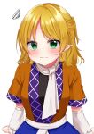  1girl absurdres bangs blonde_hair blush closed_mouth eyes_visible_through_hair green_eyes highres looking_at_viewer mizuhashi_parsee parted_bangs pointy_ears ponytail shinonome_asu short_hair short_ponytail simple_background solo standing touhou white_background 
