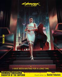  1girl asian bare_arms black_hair breasts commentary cyberpunk_(series) cyberpunk_2077 cyberpunk_tcg dress english_commentary from_below hair_up hanako_arasaka highres instrument looking_at_viewer makeup medium_breasts medium_dress on_stairs piano skin_tight sleeveless sleeveless_dress stairs walking white_dress 