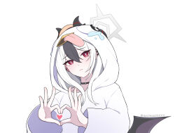  1girl animal_costume black_choker black_hair black_horns blue_archive choker commentary_request cosplay demon_horns ear_piercing halo heart heart_hands highres hood hood_up horns kayoko_(blue_archive) lenslans long_hair long_sleeves looking_at_viewer moechakkafire parted_lips peroro_(blue_archive) peroro_(blue_archive)_(cosplay) piercing purple_wings red_eyes simple_background single_wing solo upper_body white_background white_hair wings 
