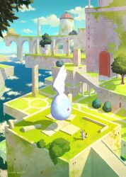  1girl 1other absurdres antlers arch bridge bush clouds commentary_request dome egg engraved fantasy floating floating_object highres horns katou_oswaldo moss original overgrown pillar ruins sky stairs tree 