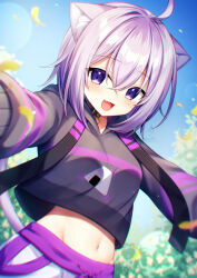  1girl ahoge amane_(230075) animal_collar animal_ear_fluff animal_ears black_collar black_hoodie blush breasts cat_ears cat_girl cat_tail collar commentary_request commission cropped_hoodie day food food_print grey_pants hair_between_eyes hololive hood hood_down hoodie long_sleeves looking_at_viewer midriff navel nekomata_okayu nekomata_okayu_(1st_costume) onigiri onigiri_print open_mouth outdoors pants purple_hair shirt short_hair skeb_commission sleeves_past_wrists smile solo stomach tail violet_eyes virtual_youtuber 