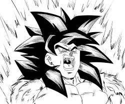  1boy black_hair cropped_shoulders cropped_torso dragon_ball dragon_ball_gt fenyon hair_between_eyes highres male_focus monkey_boy muscular muscular_male open_mouth portrait saiyan simple_background solo son_goku spiky_hair super_saiyan super_saiyan_4 white_background 