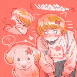  1boy :3 ? aged_down animal animification black_eyes blonde_hair blush blush_stickers bow bowl_cut character_name character_print child closed_eyes closed_mouth cocobolo64588 colored_skin cowboy_shot dog drawn_ears drawn_whiskers grey_pants hair_bow hello_kitty hello_kitty_(character) highres leaning_forward long_sleeves looking_at_viewer male_focus multiple_views no_pupils nose_blush open_mouth pants puffy_long_sleeves puffy_sleeves randy_stair real_life red_background red_bow sanrio shirt short_hair simple_background solid_circle_eyes spoken_question_mark standing star_(symbol) true_crime u_u white_dog white_shirt white_skin 