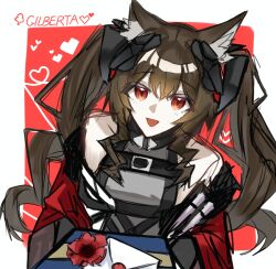  1girl :d angelina_(arknights) animal_ear_fluff animal_ears arknights bare_shoulders belt black_belt border brown_hair character_name coat commentary_request dress flower fox_ears fox_girl from_above gift headpiece heart high_belt high_collar highres holding holding_gift hosinoyuu1005 long_hair long_sidelocks long_sleeves looking_at_viewer off_shoulder open_clothes open_coat outside_border red_background red_coat red_eyes red_flower sidelocks simple_background sleeveless sleeveless_dress smile solo twintails upper_body white_background white_border 