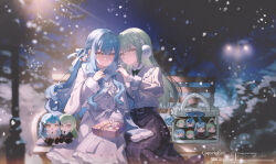  2girls absurdres bang_dream! bang_dream!_it's_mygo!!!!! bench blue_hair blue_scarf blue_skirt bow bowtie center_frills character_doll chibigurumi coat commentary doll earmuffs frills gift green_bow green_bowtie green_hair grey_jacket hair_ornament hair_ribbon hairclip haneoka_school_uniform highres itabag jacket long_hair maoerduo_meow mortis_(bang_dream!) mortis_(costume)_(bang_dream!) multiple_girls night oblivionis_(bang_dream!) open_clothes open_jacket open_mouth outdoors plaid_clothes plaid_skirt ribbon scarf school_uniform shirt sidelocks sitting skirt snow togawa_sakiko tsukinomori_school_uniform wakaba_mutsumi white_coat white_ribbon white_shirt yellow_eyes yuri 