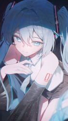  1girl aqua_eyes aqua_hair aqua_nails aqua_necktie aqua_trim arm_tattoo black_skirt blush breasts closed_mouth collared_shirt commentary_request detached_sleeves fingernails hair_between_eyes hair_ornament hashtag-only_commentary hatsune_miku headset highres huhi_(huhi_1211) long_hair long_sleeves miniskirt nail_polish necktie number_tattoo pleated_skirt shirt skirt sleeveless sleeveless_shirt small_breasts smile solo tattoo twintails very_long_hair vocaloid white_shirt wide_sleeves 