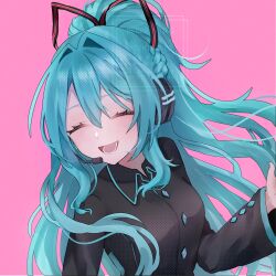  1girl aqua_hair aqua_skirt black_jacket black_ribbon blush braid closed_eyes commentary double-parted_bangs flipped_hair h_raj_(pixiv_93311327) hair_between_eyes hair_ribbon half_up_braid hatsune_miku hatsune_miku_(if) headphones headset highres jacket long_hair long_sleeves looking_at_viewer miniskirt pink_background plaid_clothes ponytail ribbon shirt simple_background skirt smile solo striped_ribbon upper_body very_long_hair vocaloid watermark 
