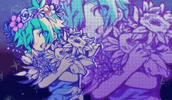  1boy :d androgynous antenna_hair bare_arms basil_(headspace)_(omori) basil_(omori) black_background blue_background blue_eyes blue_flower blue_overalls blue_rose child cowboy_shot film_grain flower flower_wreath green_hair hair_over_one_eye hashtag-only_commentary head_wreath highres holding holding_flower leaning_forward male_focus omori one_eye_covered open_mouth orange_flower overalls patterned_background pink_flower purple_flower rose short_hair sidelocks simple_background smile solo sparkle standing sunflower tareme tulip uuuuuuz_339 zoom_layer 
