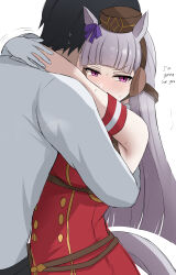  1boy 1girl absurdres animal_ears armband bad_id bad_twitter_id black_hair blunt_bangs blunt_ends bow brown_hat commentary_request dress ear_bow english_text gloves gold_ship_(red_strife)_(umamusume) gold_ship_(umamusume) hat head_tilt hetero highres horse_ears horse_girl hug long_hair long_sleeves namikare pillbox_hat purple_bow red_armband red_dress short_hair simple_background sweat trainer_(umamusume) umamusume v-shaped_eyebrows white_background white_gloves 