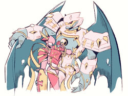  armor black_wings cowboy_shot digimon digimon_(creature) digipuri dynasmon flower helmet holding holding_flower lordknightmon pink_armor pink_helmet red_flower red_rose rose simple_background torn_wings white_armor white_background white_helmet wings 