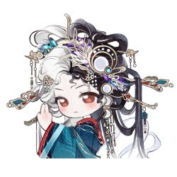  1girl artist_request black_hair blue_hanfu bow-shaped_hair brown_eyes chibi chinese_clothes chinese_hairpin closed_mouth crescent crescent_hair_ornament cropped_torso determined eyelashes frown hair_flowing_over hair_ornament hair_rings hairpin half_updo hanfu infinity_nikki light_blush long_hair long_sleeves looking_at_viewer multicolored_hair multiple_hairpins nikki_(series) official_art painterly solo split-color_hair sticker_(medium) tareme transparent_background two-tone_hair very_long_hair where_wanxiang_weaves_life_(infinity_nikki) white_hair wide_sleeves 