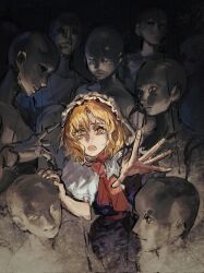  1girl aihara-rina alice_margatroid blonde_hair blue_dress capelet chinese_commentary commentary_request dress frilled_hairband frills hairband highres looking_at_viewer mannequin open_mouth reaching reaching_towards_viewer red_hairband solo touhou white_capelet yellow_eyes 