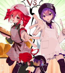  2girls ahoge apron arm_tattoo artist_name baguette bare_shoulders beret black_boots black_hat blank_eyes boots bread collared_shirt commentary_request detached_sleeves drill_hair emphasis_lines feeding food hat headphones headscarf highres kappougi kasane_teto kasane_teto_(utau) microphone motion_lines multiple_girls necktie open_mouth outline outstretched_arm purple_hair purple_necktie reaching reaching_towards_viewer red_eyes red_hair shaded_face shamoji shirt short_hair tattoo thigh_boots torino_sasami twin_drills utane_uta utau v white_outline wings 