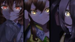  3girls agnes_tachyon_(umamusume) black_coat black_hair blue_shirt closed_mouth coat collared_shirt commentary hair_between_eyes hand_up highres jacket jungle_pocket_(umamusume) long_bangs long_hair long_hair_between_eyes long_sleeves manhattan_cafe_(umamusume) medium_hair multiple_girls necktie piki479 red_eyes shirt sleeves_past_fingers sleeves_past_wrists smile split_screen track_jacket umamusume untranslatable_commentary variant_set white_shirt wide_sleeves yellow_eyes yellow_necktie 